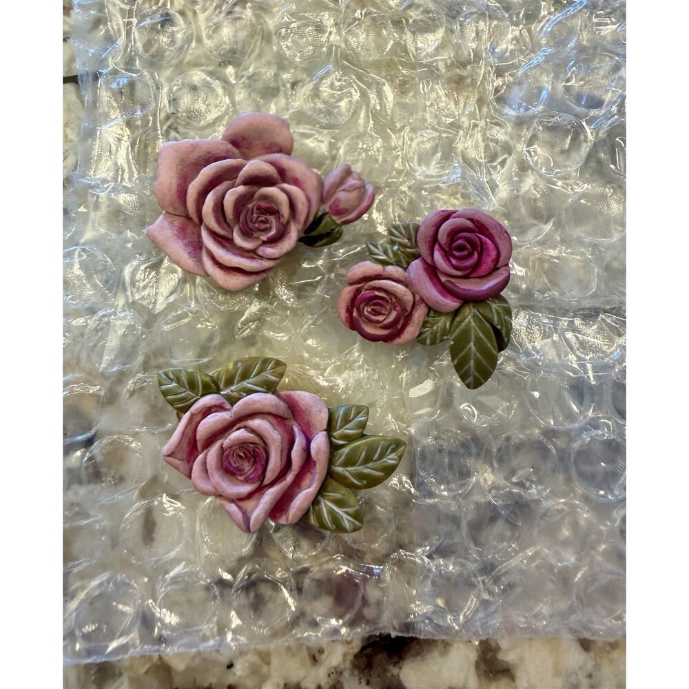 NEW Rare Vintage Quacker Factory Gorgeous Set 3 Pink Rose Flower Button Covers